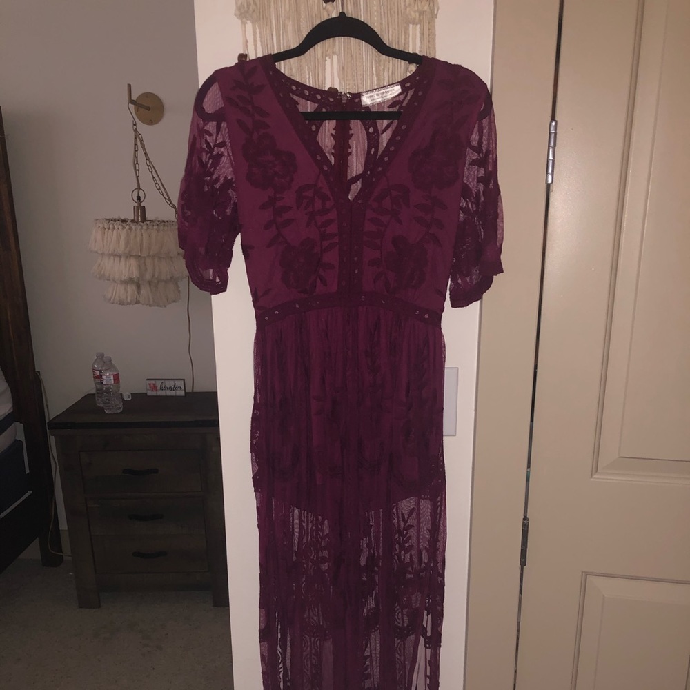 Maroon Lace Maxi Dress w/ Romper Underneath